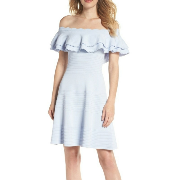 eliza j off the shoulder fit and flare dress ELIZA J Women Size 6 Ivory Floral Lace Off The Shoulder Fit & Flare Dress